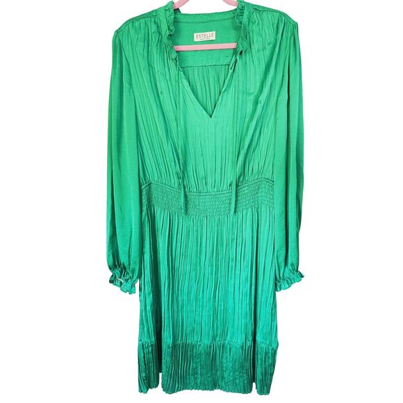 Estelle Emerald Green Shirred Long Sleeve Satin Pleated Dress 2X Holiday Event - Picture 3 of 10
